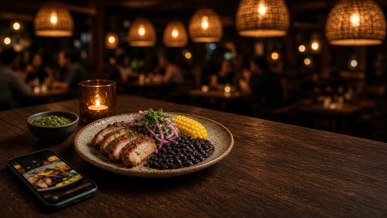 Mesa de restaurante con plato y menú digital — Comanda